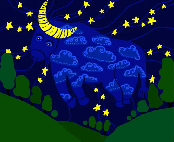 Taureau des fées dans le ciel et les étoiles — Image vectorielle