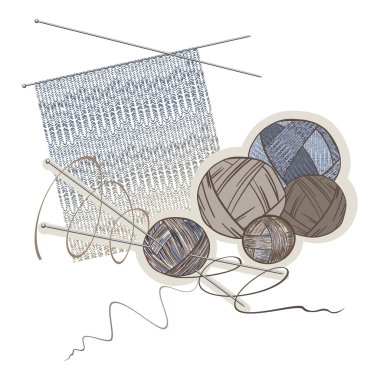 Needles, balls of wool and knitting pattern clipart