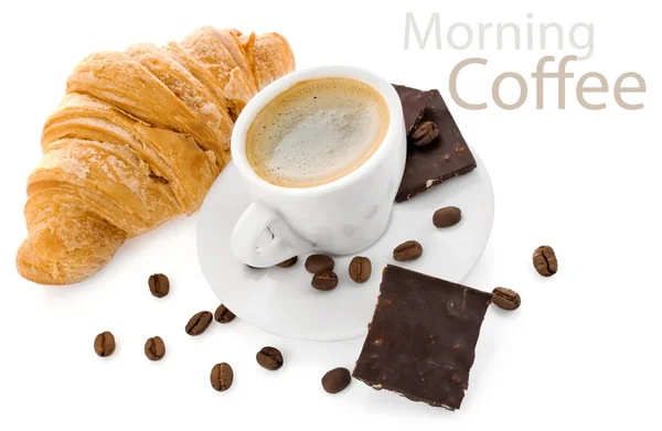 Kopje koffie met chocolade en croissant — Stockfoto
