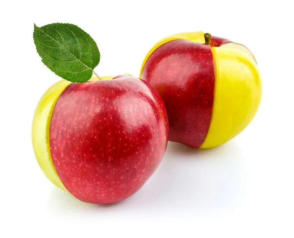 Piros és sárga apple gyümölcs, zöld leveles — Stock Fotó