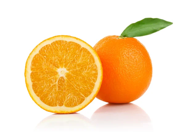 One and a half orange with green leaf — Stock Photo, Image