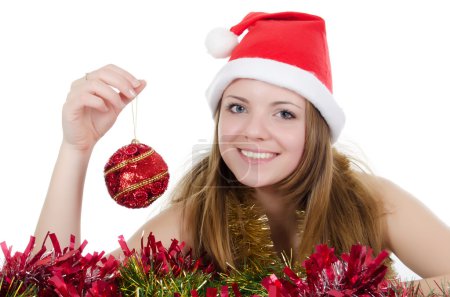 Fille de Noël avec des cadeaux isolés sur blanc 