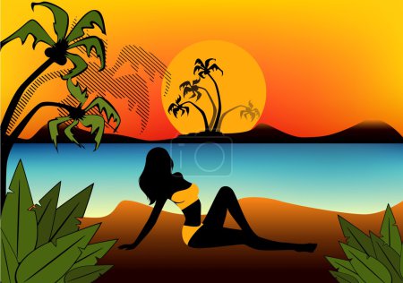 Silhouette noire de fille sur un fond coucher de soleil sur une plage d'été 