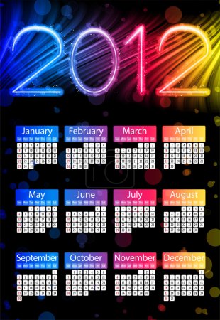 Calendrier coloré 2012 sur fond noir. Couleurs arc-en-ciel 