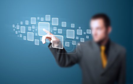 Homme d'affaires appuyant sur le type high tech de boutons modernes