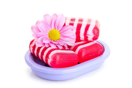 savon, fleur et porte-savon isolés sur blanc 
